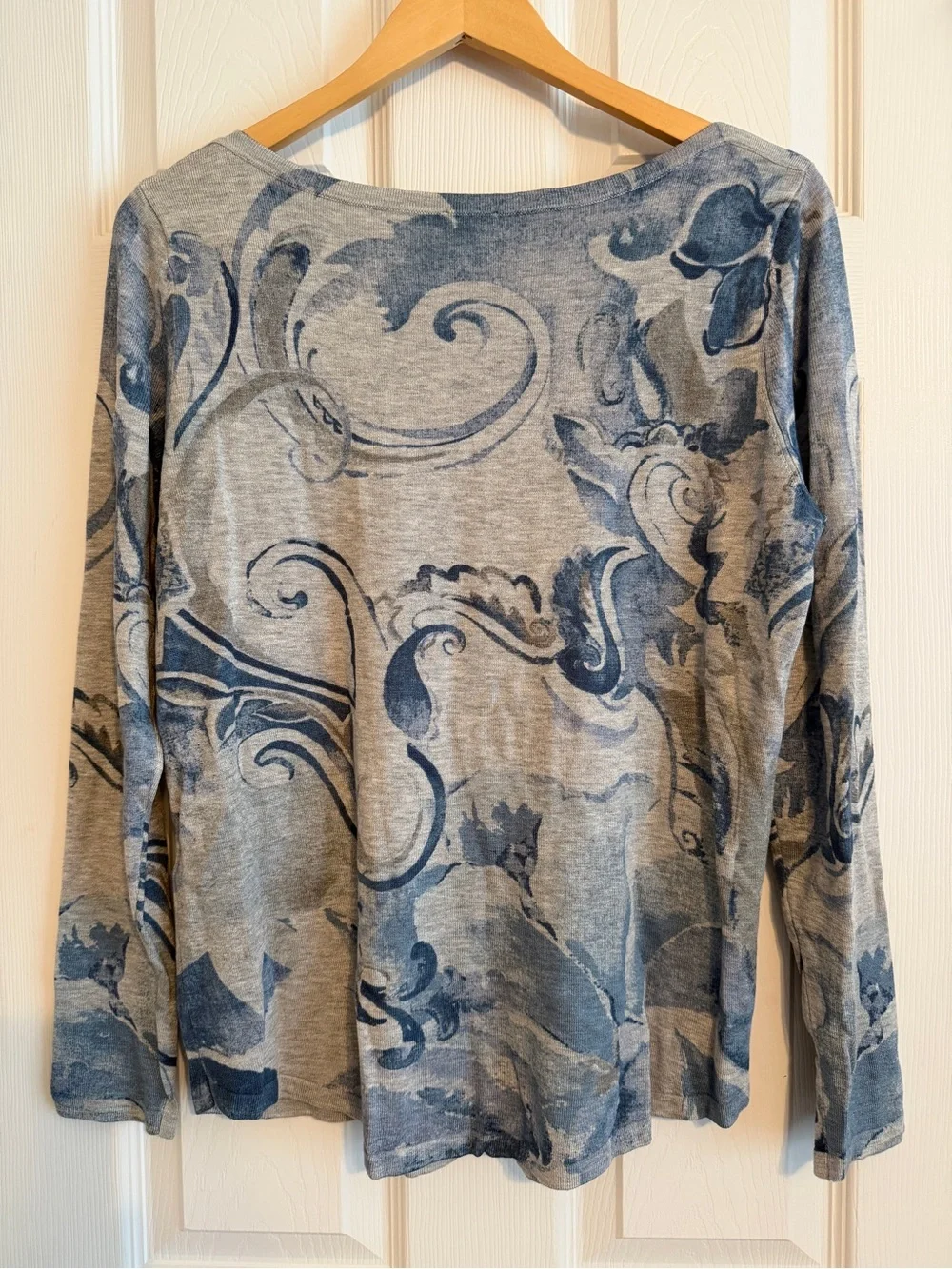 Chico's Gray Top with Blue Scroll Motif — Long Sleeve